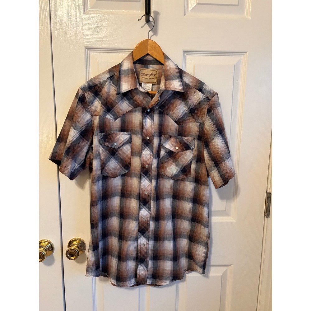 Wrangler Western Shirt Mens Medium Brown Plaid Pearl Snap Short Sleeve WM227BR